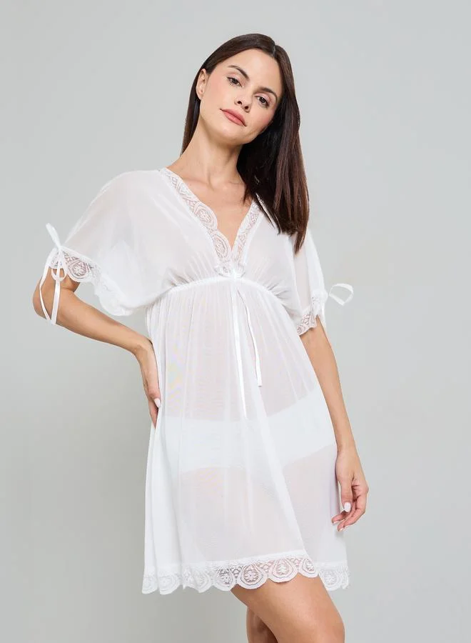 تايك تو White Sheer Lace Trim Tie-Up Details Babydoll Nightdress