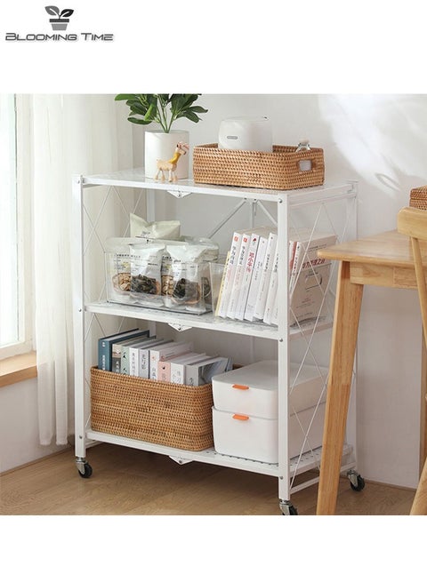 3-Layer Foldable Storage Rack With Universal Wheels, Suitable For Any Occasion, White