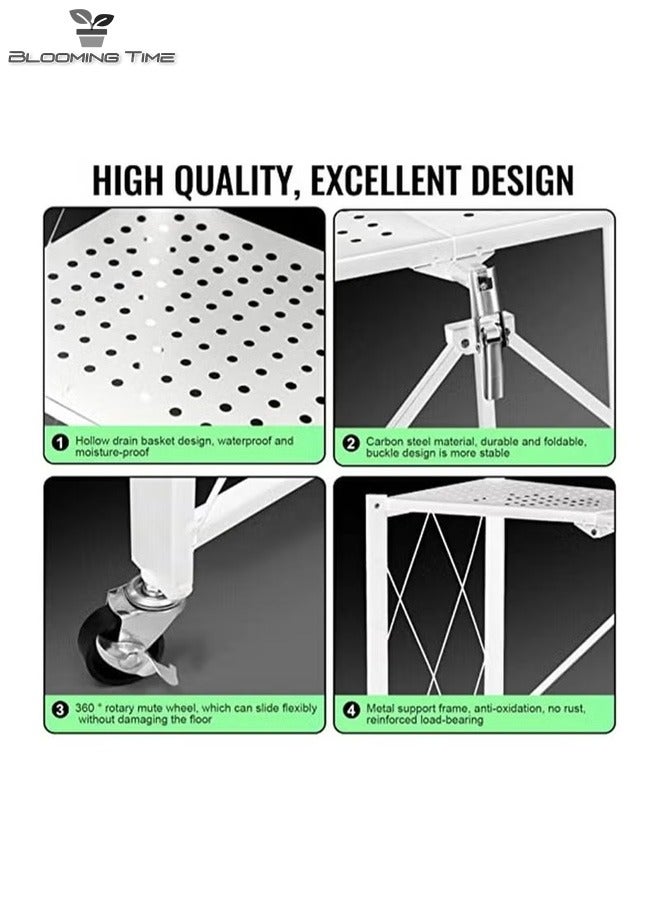 3-Layer Foldable Storage Rack With Universal Wheels, Suitable For Any Occasion, White