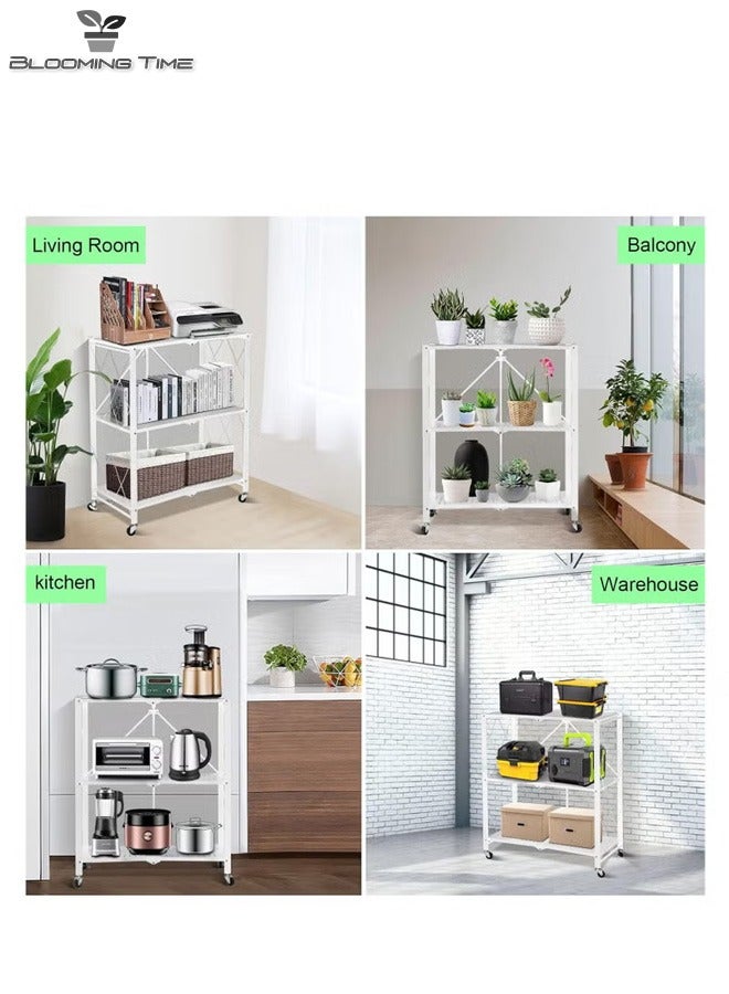 3-Layer Foldable Storage Rack With Universal Wheels, Suitable For Any Occasion, White