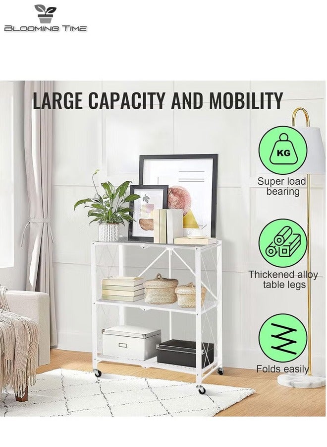 3-Layer Foldable Storage Rack With Universal Wheels, Suitable For Any Occasion, White