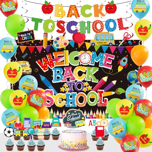DBKL Back to School Decorations 50Pcs Welcome Back To School Balloon Arch Kit with Balloons Banner Hanging Swirls Backdrop Cupcake Toppers for First Day of School Kindergarten Party Supplies - Image 1