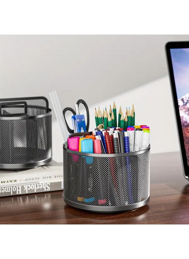 Black Large Capacity 360 Degree Rotating Metal Pen Holder With Partitioned Design For Office And Home Desktop Organization And Storage - Image 2