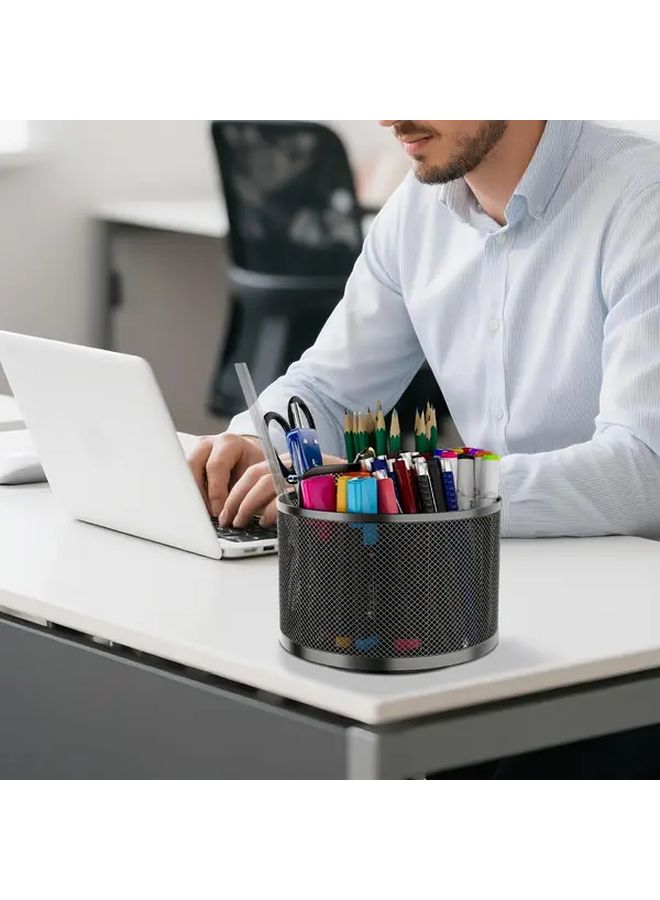 Black Large Capacity 360 Degree Rotating Metal Pen Holder With Partitioned Design For Office And Home Desktop Organization And Storage - Image 4
