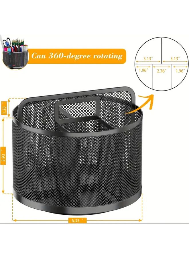 Black Large Capacity 360 Degree Rotating Metal Pen Holder With Partitioned Design For Office And Home Desktop Organization And Storage - Image 3