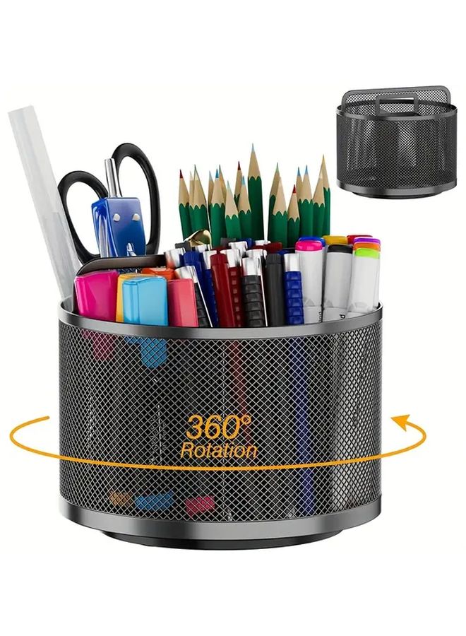 Black Large Capacity 360 Degree Rotating Metal Pen Holder With Partitioned Design For Office And Home Desktop Organization And Storage - Image 1