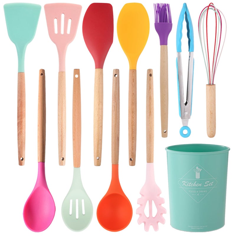 Keidason Silicone Kitchen Utensils Set 12piece Silicone Cooking Utensils Set Nonstick Cookware Is Heatresistant BPAfree Stirring Kitchen Tools SetSpoonTongsWhiskBrushSpatula Colorful