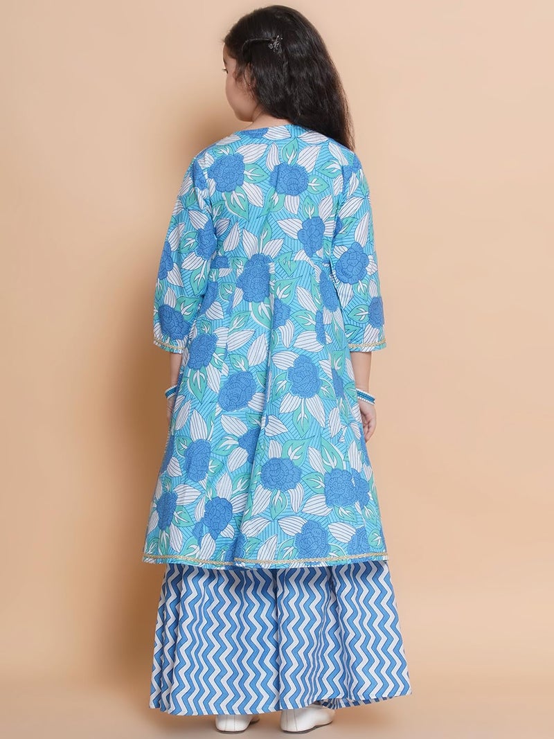 Bitiya by Bhama Girls Floral Printed V-Neck Gotta Patti Pure Cotton Kurta with Sharara(TKS200_11-12Y) - Image 3