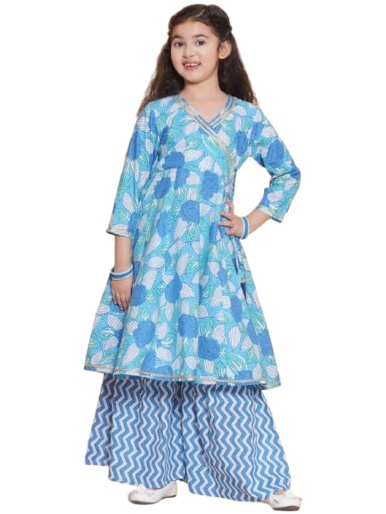 Bitiya by Bhama Girls Floral Printed V-Neck Gotta Patti Pure Cotton Kurta with Sharara(TKS200_11-12Y) - Image 1