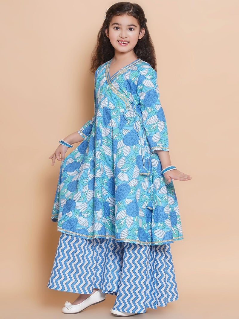 Bitiya by Bhama Girls Floral Printed V-Neck Gotta Patti Pure Cotton Kurta with Sharara(TKS200_11-12Y) - Image 5