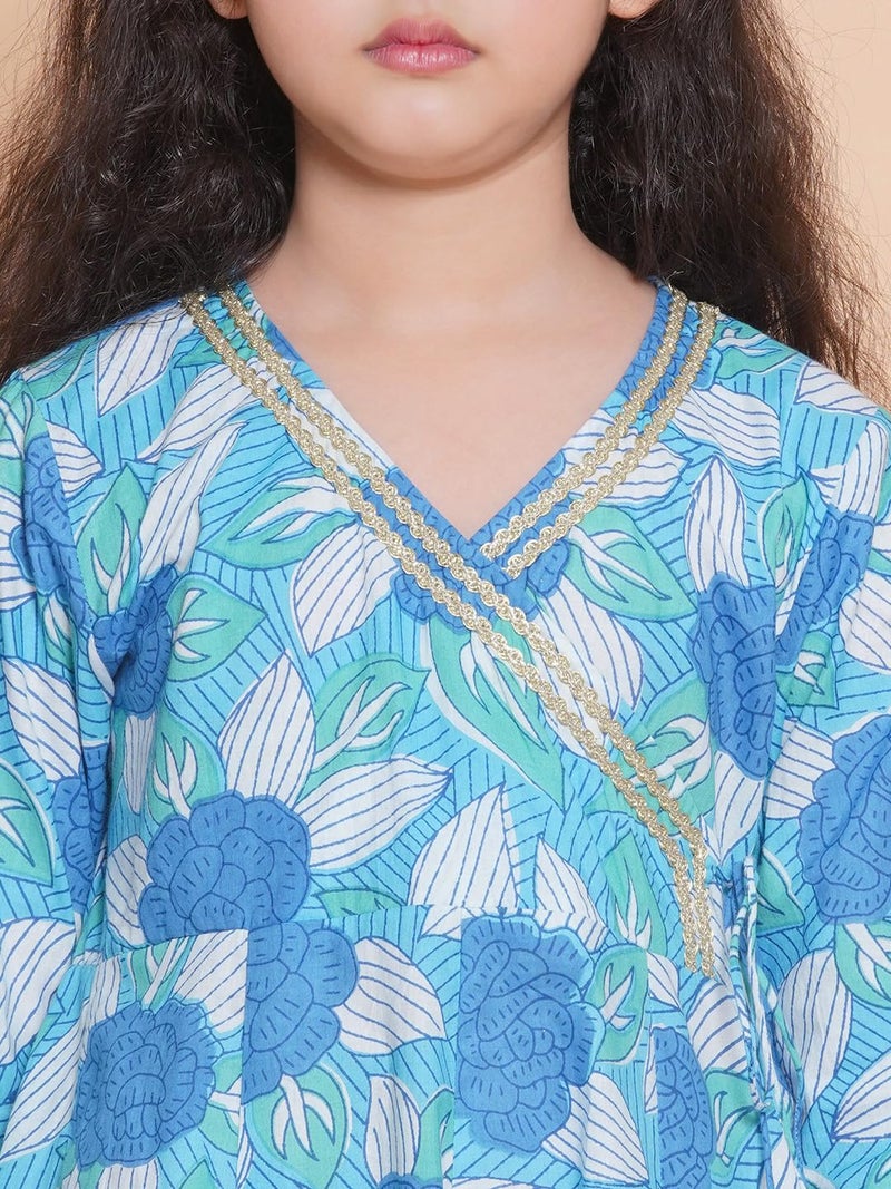 Bitiya by Bhama Girls Floral Printed V-Neck Gotta Patti Pure Cotton Kurta with Sharara(TKS200_11-12Y) - Image 4