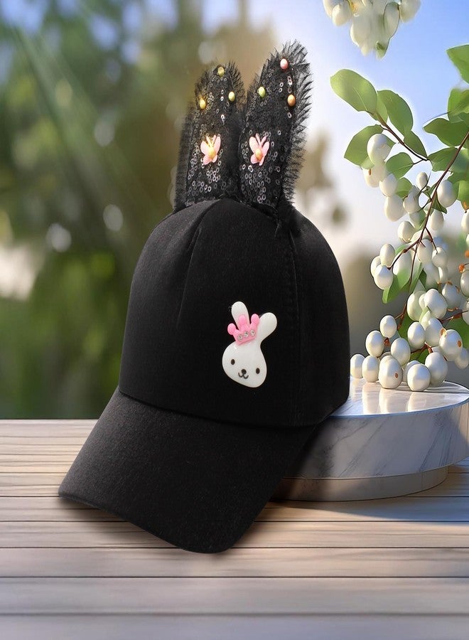 VRITRAZ Polyester Bunny Ears Designer And Cartoon Character Printed Little Cap For Kids, Baby Girls & Boys 3-12 Years (Black) - Image 3