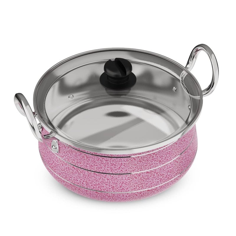 Mumma's LIFE- Aluminium Handi with Glass Lid | Biryani Pot | Induction Base Biryani Handi | (2 Layer Coating, 4 mm Thickness) (5LTR, Pink) - Image 1