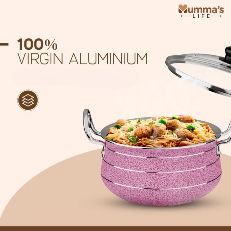Mumma's LIFE- Aluminium Handi with Glass Lid | Biryani Pot | Induction Base Biryani Handi | (2 Layer Coating, 4 mm Thickness) (5LTR, Pink) - Image 5
