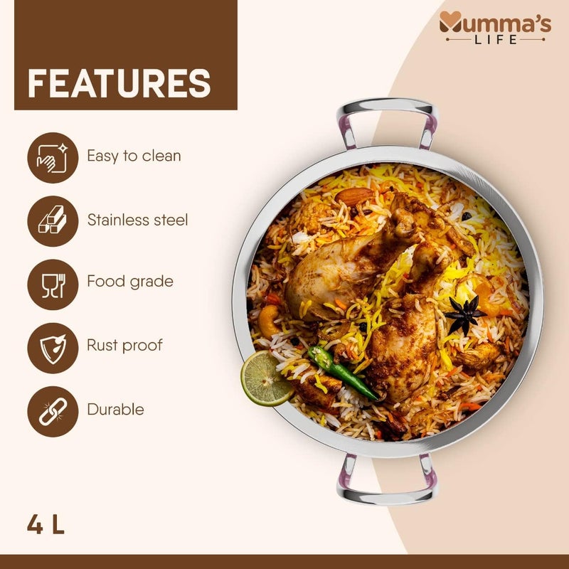 Mumma's LIFE- Aluminium Handi with Glass Lid | Biryani Pot | Induction Base Biryani Handi | (2 Layer Coating, 4 mm Thickness) (5LTR, Pink) - Image 3