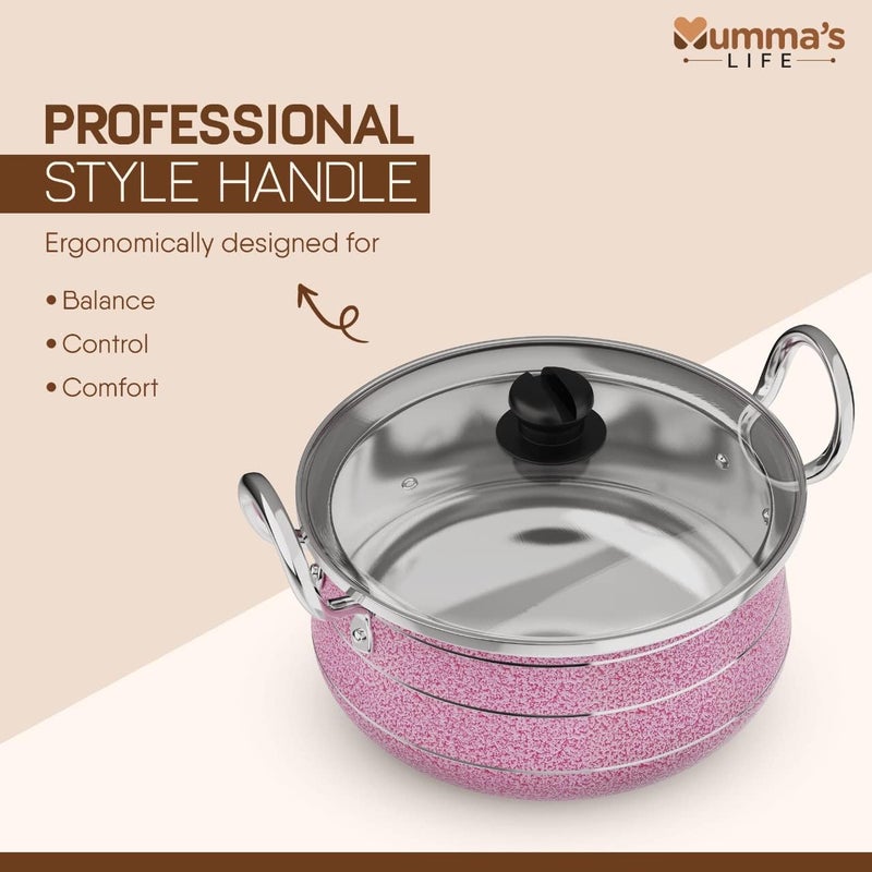 Mumma's LIFE- Aluminium Handi with Glass Lid | Biryani Pot | Induction Base Biryani Handi | (2 Layer Coating, 4 mm Thickness) (5LTR, Pink) - Image 4