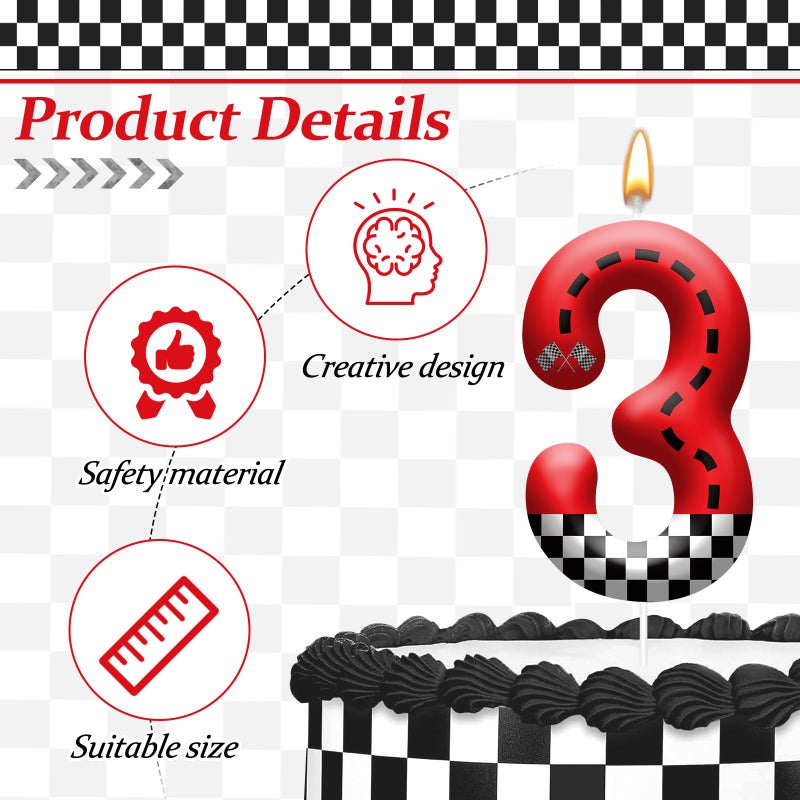 AXBMM Racing Car Theme Birthday Candle with Checkered Flag Design - Durable Cake Topper for Race Car Party Decorations,Birthday Supplies - Number 3 Candle for Racing Themed Celebrations - Image 3