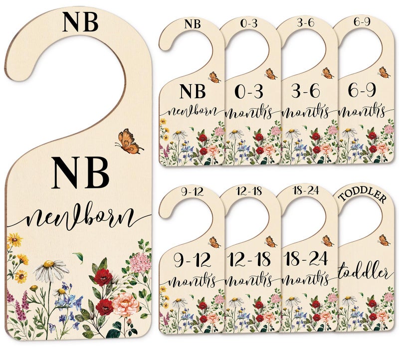Whaline 8 Pcs Baby Closet Size Dividers Vintage Wildflower Hanging Wood Baby Closet Organizer Newborn to 24 Months Thicken Babies Wardrobe Organizer for Home Nursery - Image 2