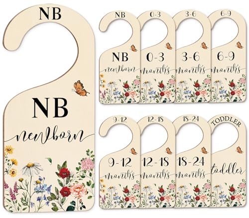 Whaline 8 Pcs Baby Closet Size Dividers Vintage Wildflower Hanging Wood Baby Closet Organizer Newborn to 24 Months Thicken Babies Wardrobe Organizer for Home Nursery - Image 1