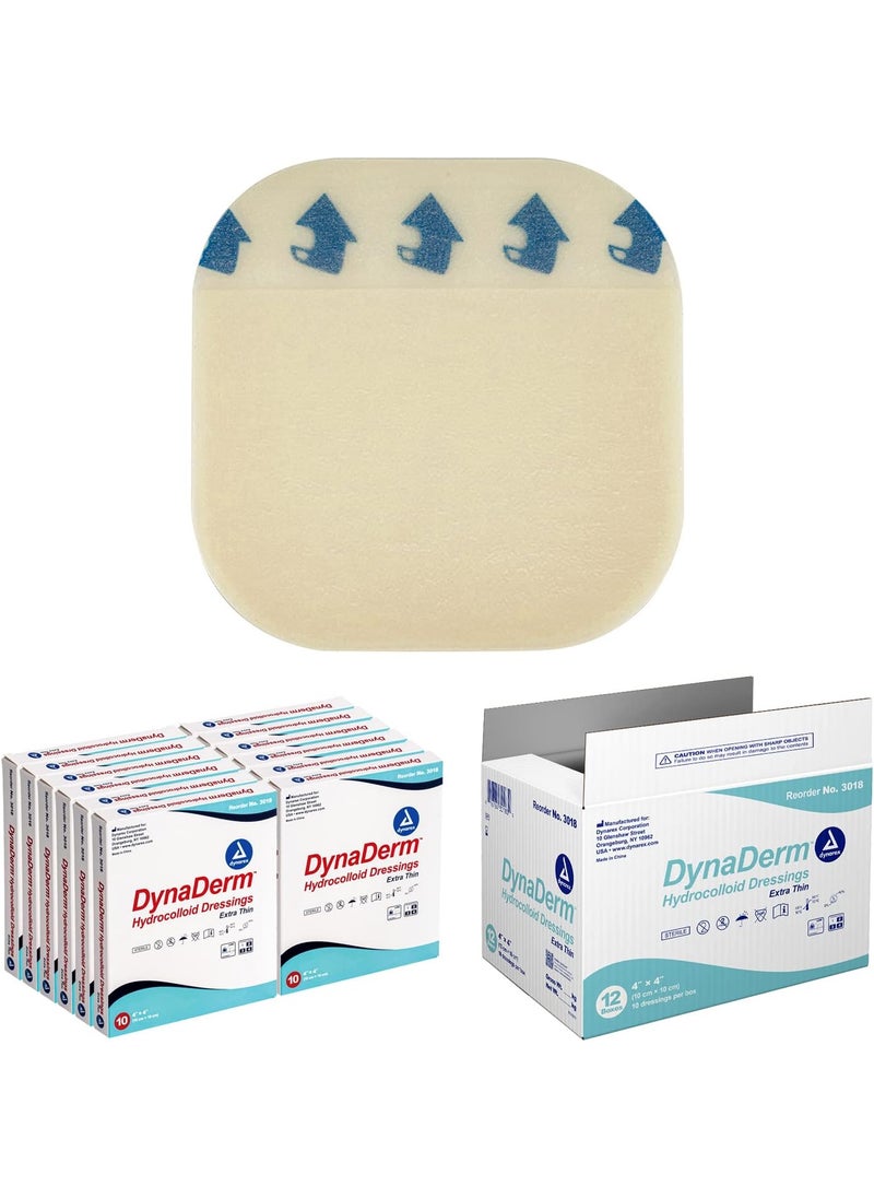 Dynarex Dynarex DynaDerm Hydrocolloid Dressings, Sterile Moist Bandages Used for All Kinds of Wounds, 4" x 4", X-Thin & Latex-Free, Peel-Down Patches - 1 Case, 12 Boxes of 10 Dressings 
