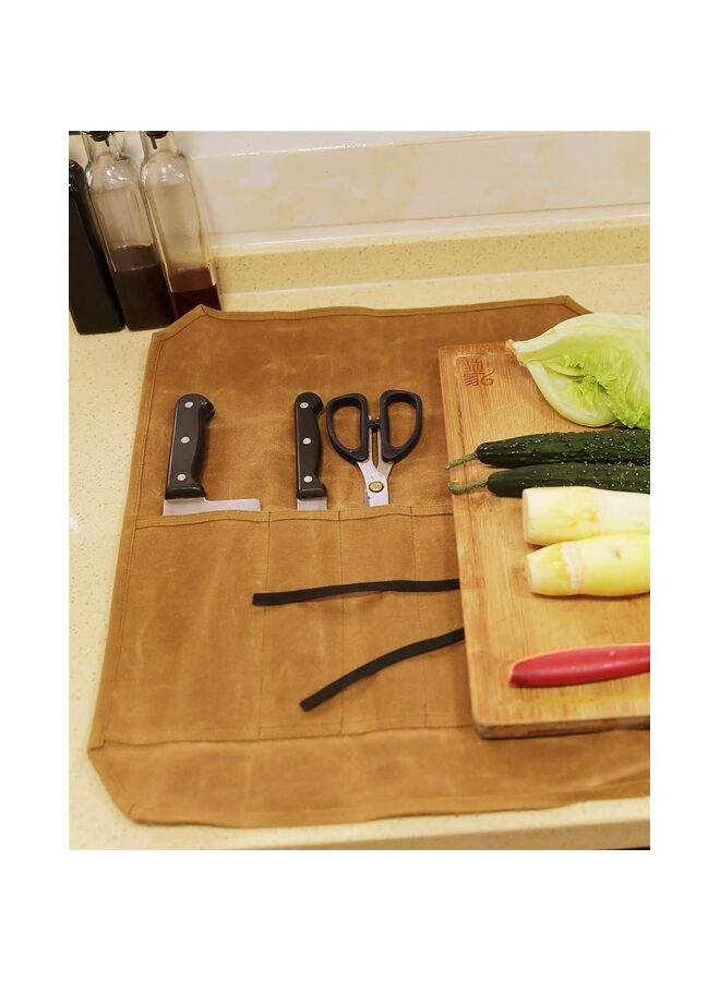 Chef’s Knife Roll Case with Slots,Waxed Canvas Chef Knife Bag, Portable Travel Chef Knife Case with Leather Belt,Knives Holders Protectors,Knife Roll Bags for Chefs Culinary Camping BBQ - Image 5