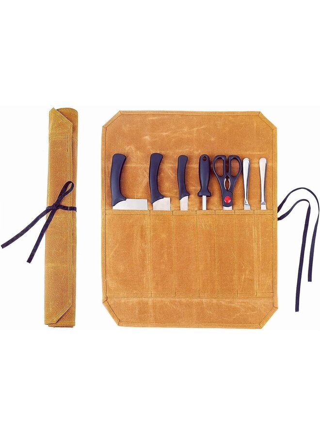 Chef’s Knife Roll Case with Slots,Waxed Canvas Chef Knife Bag, Portable Travel Chef Knife Case with Leather Belt,Knives Holders Protectors,Knife Roll Bags for Chefs Culinary Camping BBQ - Image 1