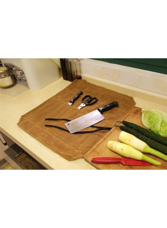 Chef’s Knife Roll Case with Slots,Waxed Canvas Chef Knife Bag, Portable Travel Chef Knife Case with Leather Belt,Knives Holders Protectors,Knife Roll Bags for Chefs Culinary Camping BBQ - Image 4