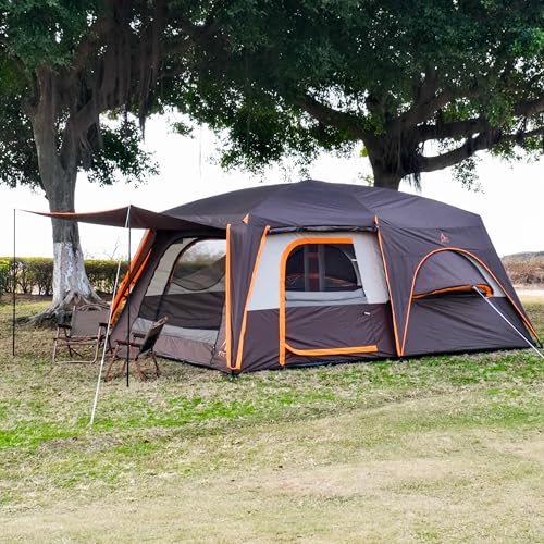KTT Extra Large Tent 12 Person,Family Cabin Tents,Full Rainfly,2 Bay-Windows,2 Rooms and 3 Doors 3 Windows with Mesh,Waterproof,Straight Wall,Double Layer,Big Tent for Outdoor,Picnic,Camping(Brown) - Image 3