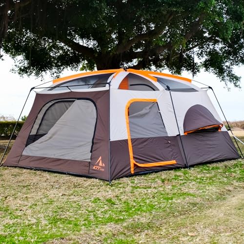 KTT Extra Large Tent 12 Person,Family Cabin Tents,Full Rainfly,2 Bay-Windows,2 Rooms and 3 Doors 3 Windows with Mesh,Waterproof,Straight Wall,Double Layer,Big Tent for Outdoor,Picnic,Camping(Brown) - Image 4