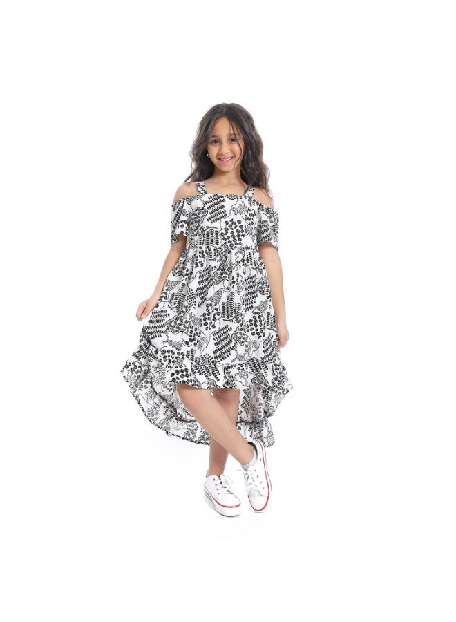 Andora Off-Shoulders Self Pattern Girls Dress_Black & White - Image 5