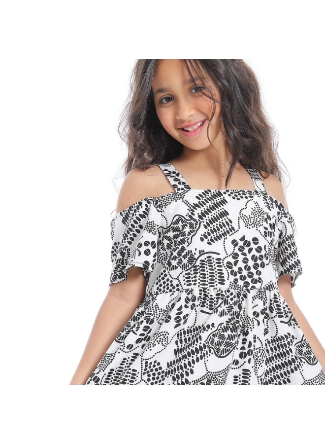 Andora Off-Shoulders Self Pattern Girls Dress_Black & White - Image 2