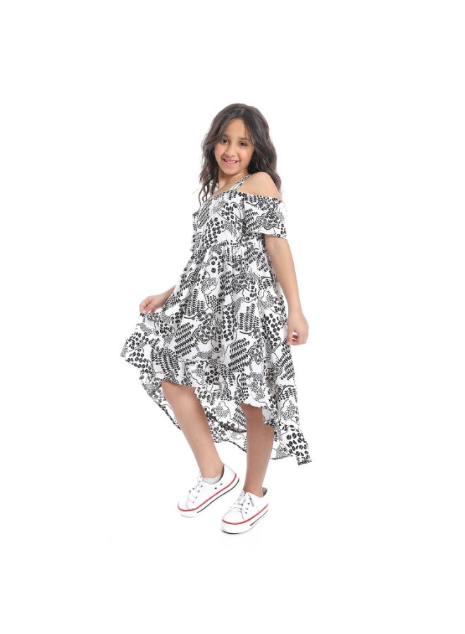 Andora Off-Shoulders Self Pattern Girls Dress_Black & White - Image 4