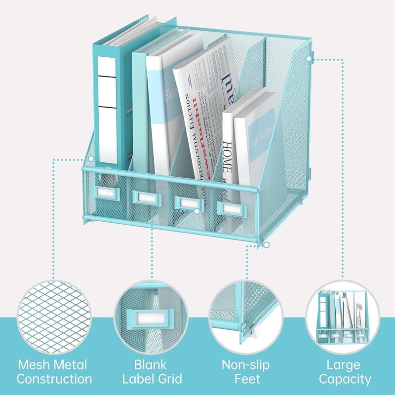 SUPEASY Magazine File Holder Desk Organiser, Metal Binder Holder with 4 Vertical Compartments for Office, Home School, Blue - Image 4