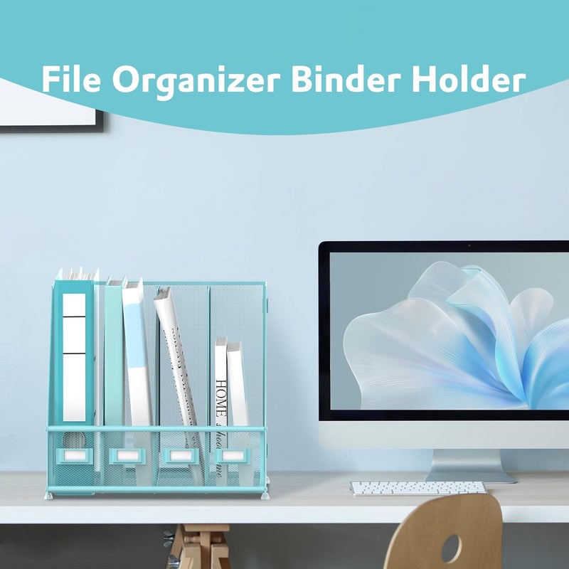 SUPEASY Magazine File Holder Desk Organiser, Metal Binder Holder with 4 Vertical Compartments for Office, Home School, Blue - Image 2