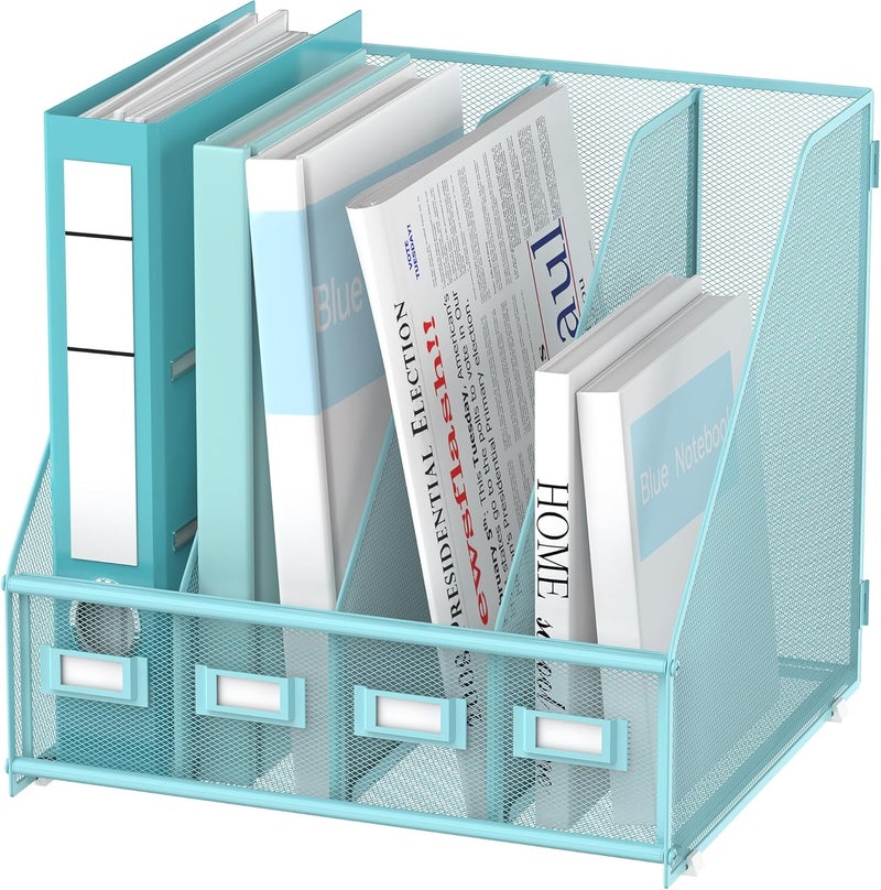 SUPEASY Magazine File Holder Desk Organiser, Metal Binder Holder with 4 Vertical Compartments for Office, Home School, Blue - Image 1
