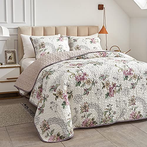 Flysheep 2 Pieces Quilt Set Twin Size, Beige Floral Reversible Bedspread Coverlet Set, Soft Microfiber Lightweight Bed Cover for Kids (68" x 86", 1 Quilt+ 1 Pillow Sham) - Image 2