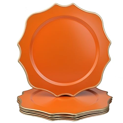 Omuriko Orange Chargers for Dinner Plates, 13 Inch Scalloped Plastic Decorative Table Charge Service Plates Set of 6 for Wedding, Holiday, Thanksgivng, Christmas - Image 1