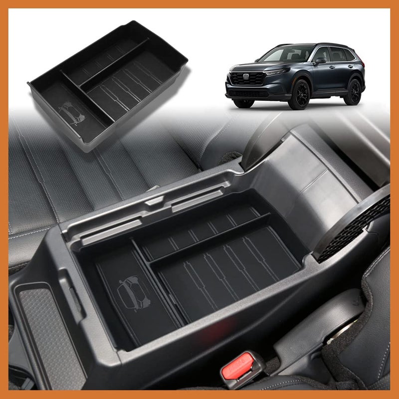 TripleAliners for CR-V 2023 Center Console Organizer Armrest Storage Leather Box ABS Material Accessories with Leather Trim Compatible with Honda 2023 CRV EX EXL Sport Touring Hybrid (Leather Black)