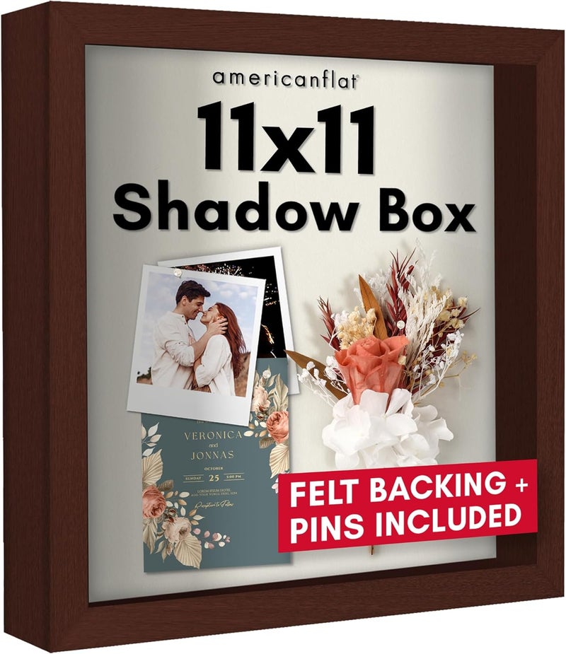 11x11 Shadow Box Frame with Shatter-Resistant Glass - Silhouette Collection - Large Shadow Box Display Case for Tabletop and Wall Display - Mahogany with Soft Felt Back - Image 1