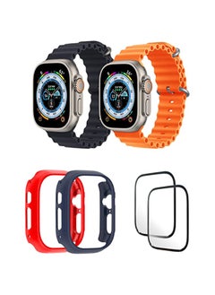 Silicone Ocean Band Strap for Apple Watch Ultra 8 49mm Black/Orange , Case Compatible with Apple Watch Ultra 49mm Red/Blue , 2* pcs Watch glass Set of 6
