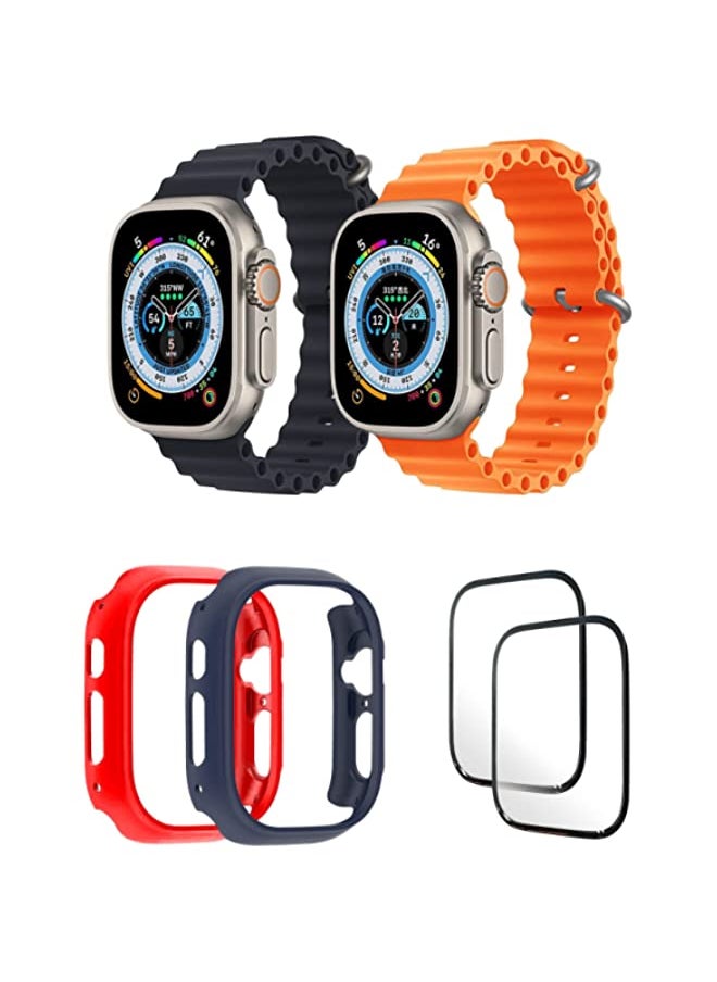 IAF - Silicone Ocean Band Strap for Apple Watch Ultra 8 49mm Black/Orange , Case Compatible with Apple Watch Ultra 49mm Red/Blue , 2* pcs Watch glass Set of 6 - Image 1