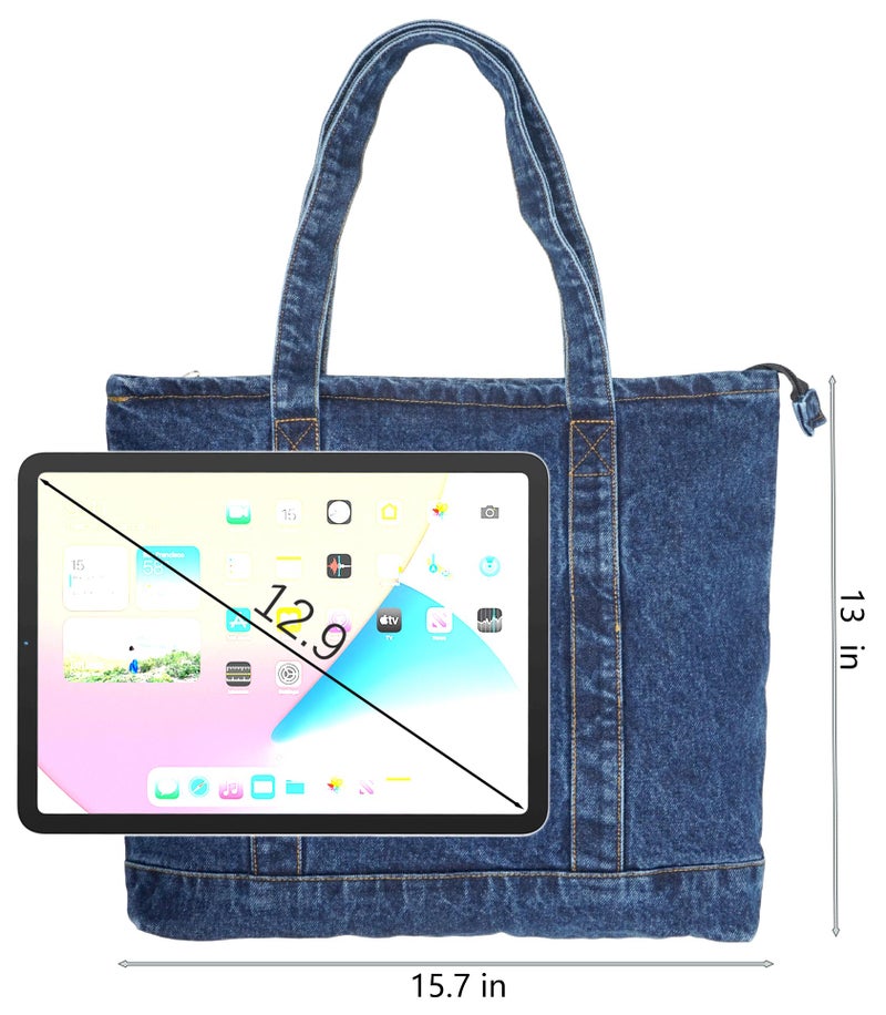 YunZh Denim Tote Bag Casual Style Lightweight Classic Retro Travel Shopper Shoulder Handbag - Image 4