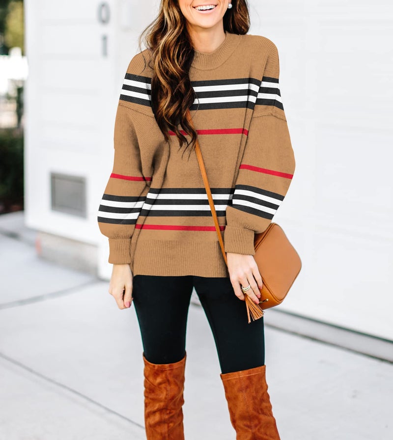 ETCYY Womens Sweaters Fall 2025 Batwing Long Sleeve Side Slit Knit Tops Crew Neck Striped Oversized Sweater Pullover,A Color Brown,Large - Image 5