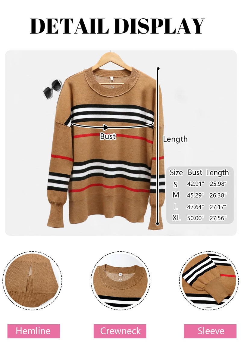 ETCYY Womens Sweaters Fall 2025 Batwing Long Sleeve Side Slit Knit Tops Crew Neck Striped Oversized Sweater Pullover,A Color Brown,Large - Image 3