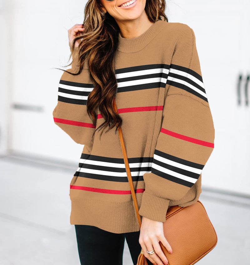 ETCYY Womens Sweaters Fall 2025 Batwing Long Sleeve Side Slit Knit Tops Crew Neck Striped Oversized Sweater Pullover,A Color Brown,Large - Image 4