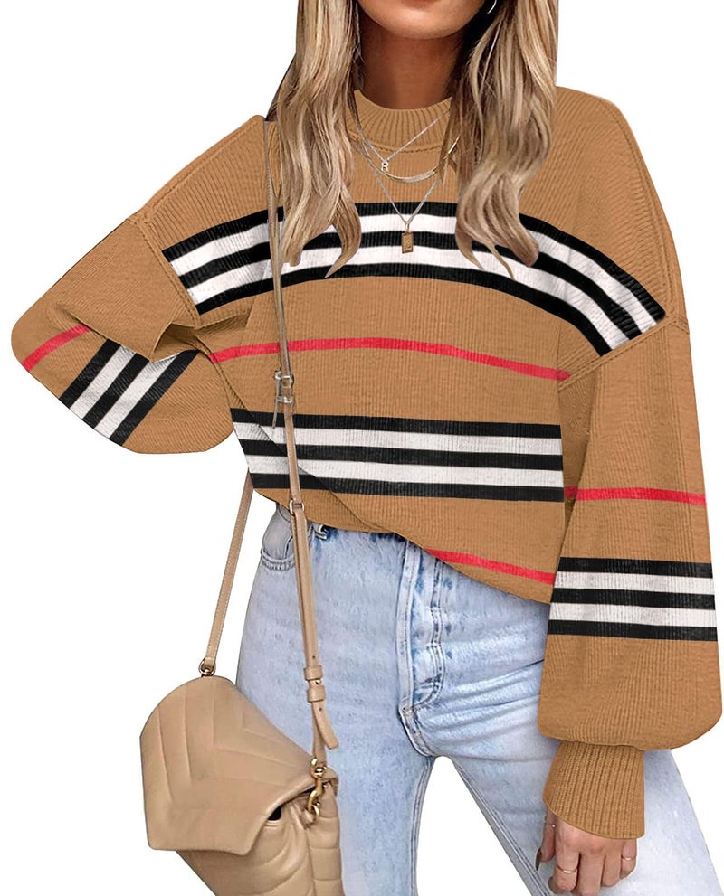 ETCYY Womens Sweaters Fall 2025 Batwing Long Sleeve Side Slit Knit Tops Crew Neck Striped Oversized Sweater Pullover,A Color Brown,Large - Image 1