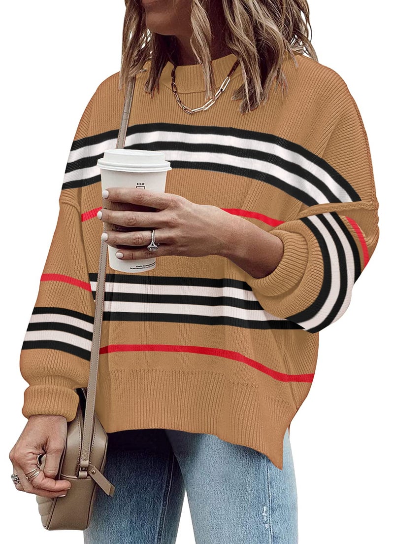 ETCYY Womens Sweaters Fall 2025 Batwing Long Sleeve Side Slit Knit Tops Crew Neck Striped Oversized Sweater Pullover,A Color Brown,Large - Image 2