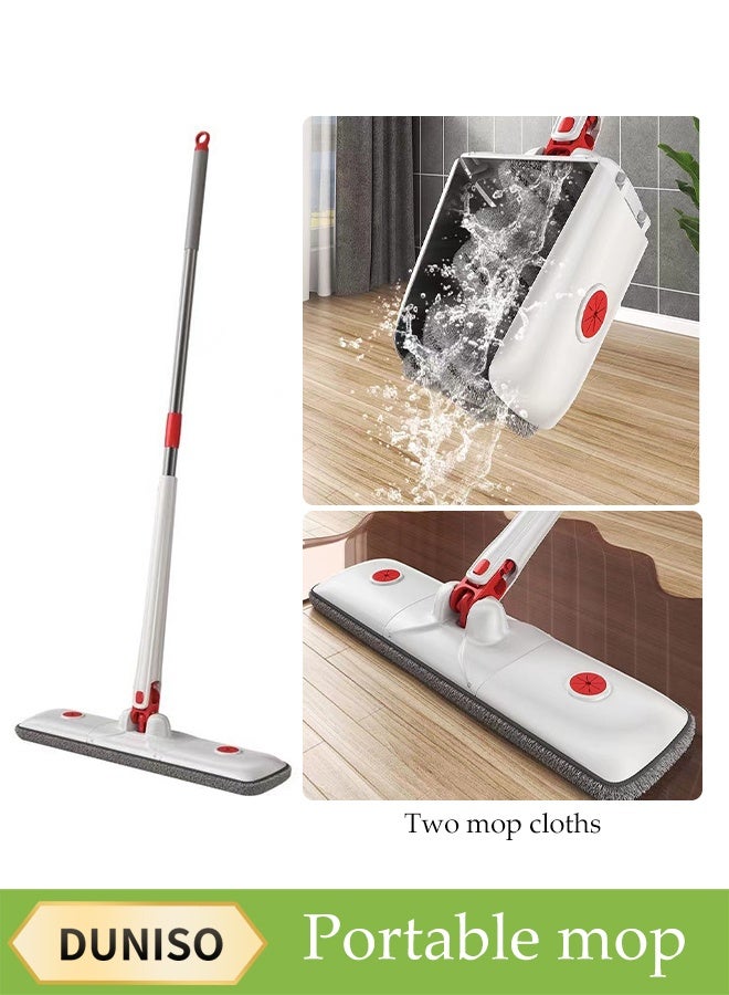 DUNISO Collapsible Mop，Portable Self Squeeze Mop，Hands Free Flat Mop，Wet & Dry ，Washable Pads，2 Pads，White - Image 1