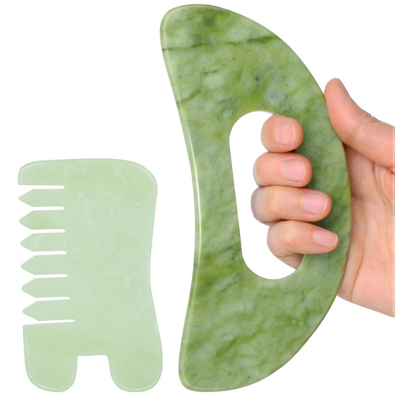 airogym Jade Stone Gua Sha Massage Tool Set Larger Guasha Board with Handle, Muscle Scraping Massage Tools, Guasha Scraping Scalp Comb, Acupuncture Tools for Back Neck, Head, Relaxation Lymphatic Drainage - Image 1