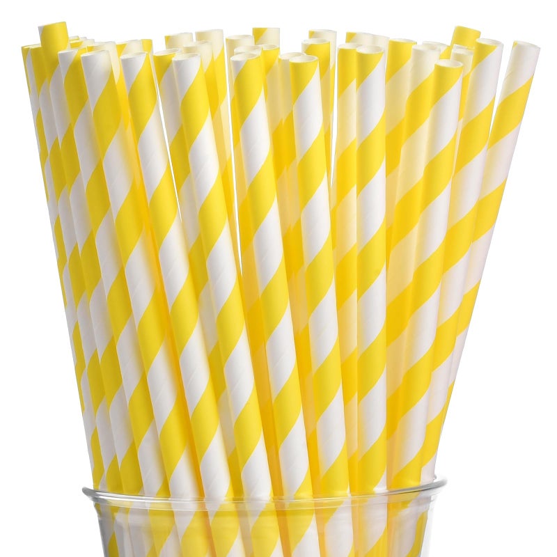 ALINK 100 Yellow Stripes Paper Straws  Biodegradable Disposable Drinking Straws for Christmas  Brithday  New Year  Party Decoration Supplies - Image 1